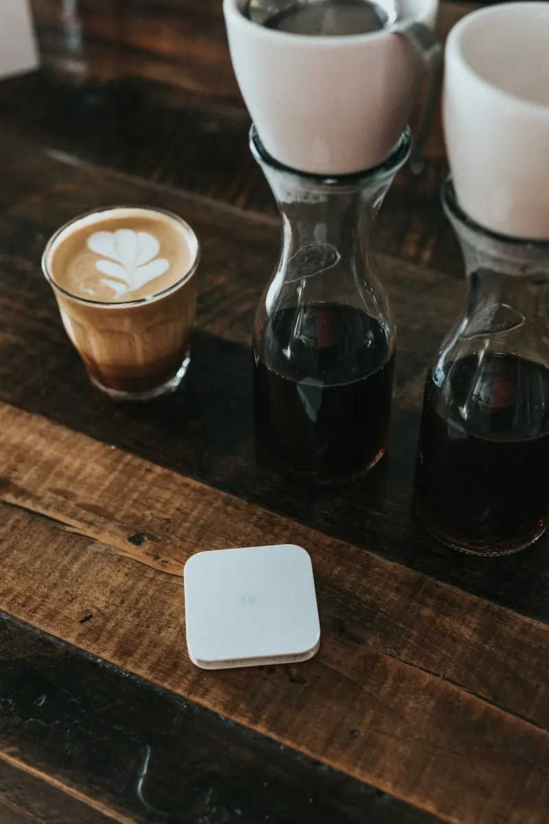 Ly cà phê và bình nước trên quầy gỗ